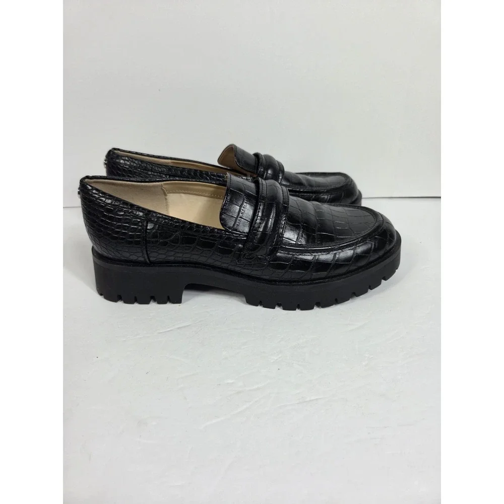 Nine West Gury Black Croc Embossed Lug Sole Loafer Wmn 9.5  Y2K Style Chunky